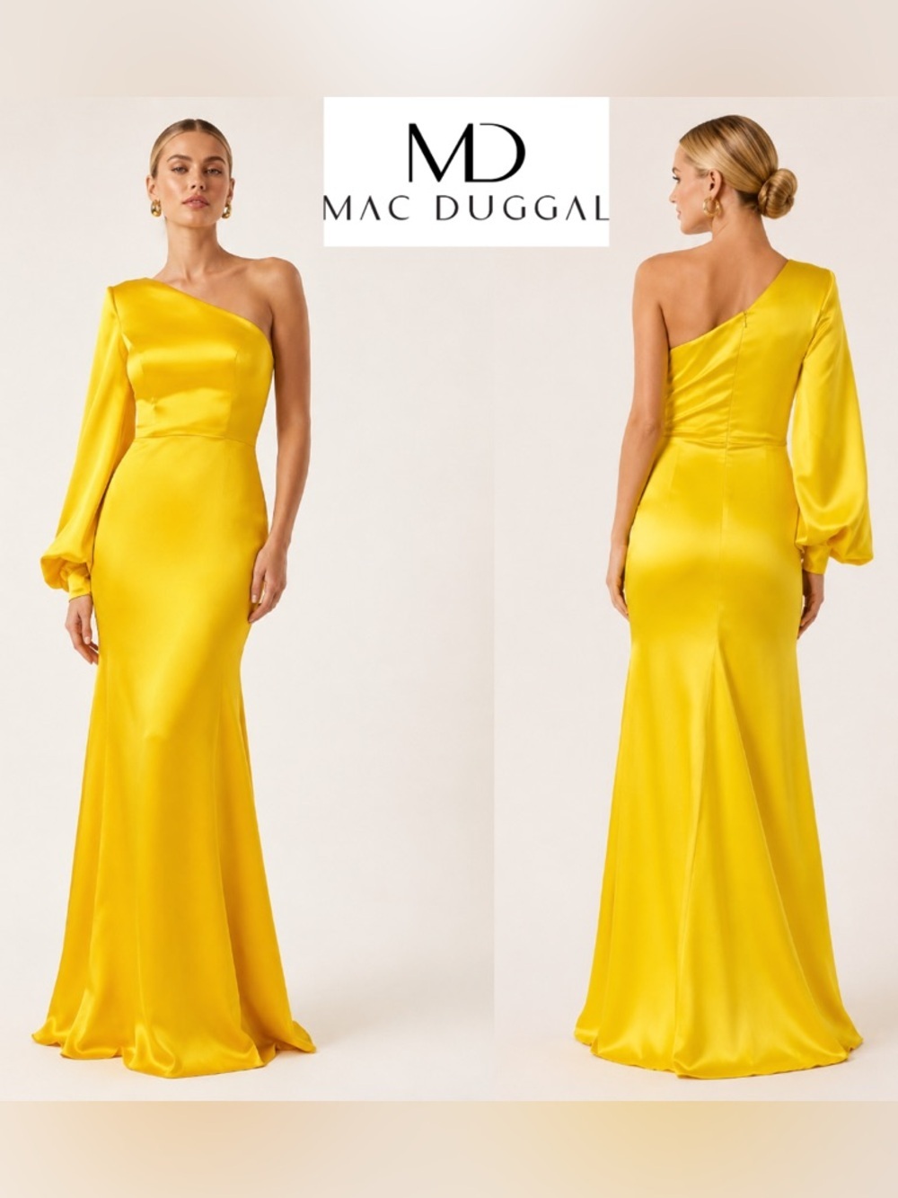 IEENA MAC DUGGAL One Shoulder Long Sleeve Satin Maxi Dress Yellow Trumpet Gown 0